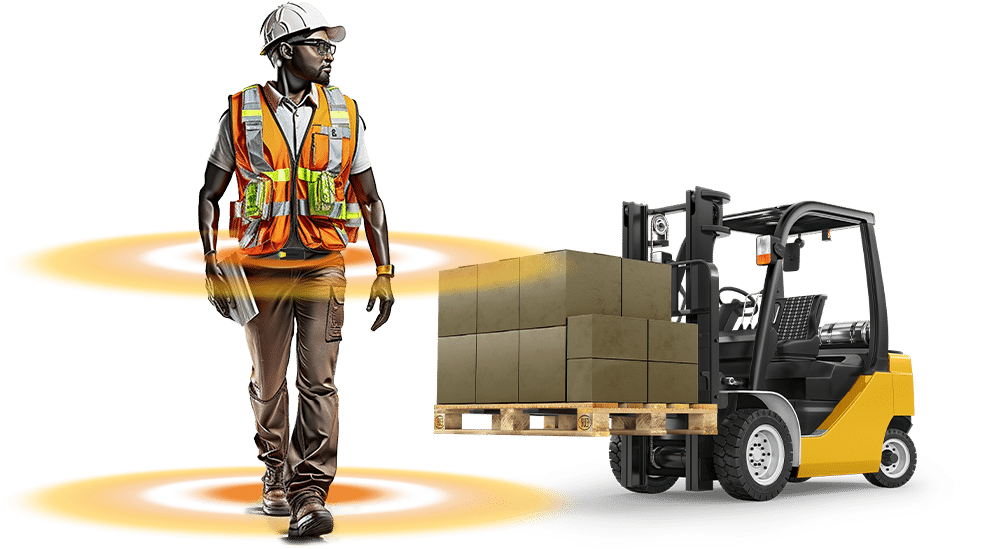 Warehouse worker with virtual safety halo demonstrating proximity warning of a forklift